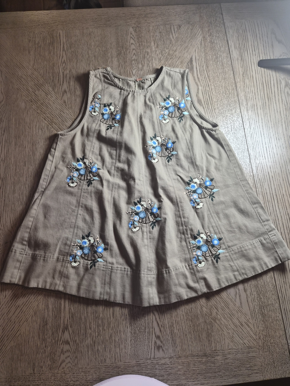Free People Khaki Sleeveless Top with Blue Floral Embroidery